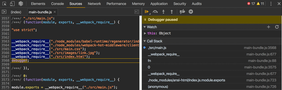 Stopped debugger without sourcemaps